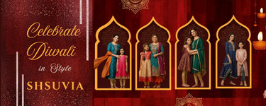 Promotional banner for Shsuvia celebrating Diwali with family images and text on a red background.