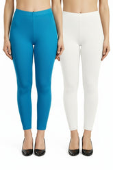 Shsuvia Women Cropped Leggings – Pack of 2 Turquoise blue & White