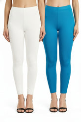 Shsuvia Women Cropped Leggings – Pack of 2 White & Turquoise blue