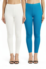 Shsuvia Women Cropped Leggings – Pack of 2 White & Turquoise blue