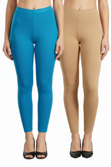 Shsuvia Women Cropped Leggings – Pack of 2 Turquoise blue & Biscuit