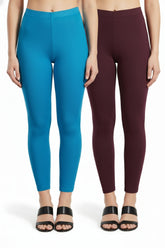 Shsuvia Women Cropped Leggings – Pack of 2 Turquoise blue & Wine