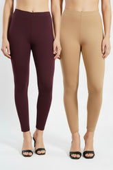 Shsuvia Women Cropped Leggings – Pack of 2 Wine & Biscuit