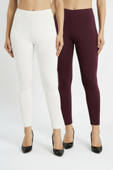 Shsuvia Women Cropped Leggings – Pack of 2 White & Wine