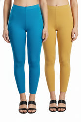 Shsuvia Women Cropped Leggings – Pack of 2 Turquoise blue & Stone
