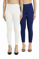 Shsuvia Women Cropped Leggings – Pack of 2 White & Old Royal