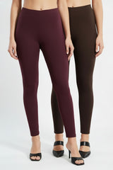 Shsuvia Women Cropped Leggings – Pack of 2 Wine & Coffee Brown