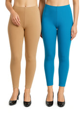 Shsuvia Women Cropped Leggings – Pack of 2 Biscuit & Turquoise blue