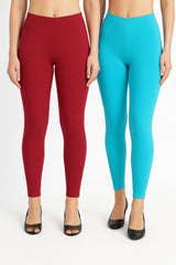 Shsuvia Women Cropped Leggings – Pack of 2 RED & Sky Blue