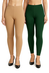 Shsuvia Women Cropped Leggings – Pack of 2 Biscuit & Bottle Green