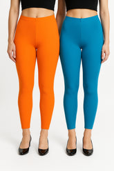 Shsuvia Women Cropped Leggings – Pack of 2 Light Orange & Turquoise blue