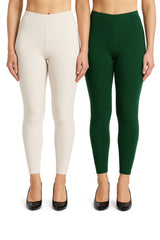 Shsuvia Women Cropped Leggings – Pack of 2 Off White & Bottle Green