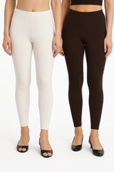 Shsuvia Women Cropped Leggings – Pack of 2 Off White & Coffee Brown