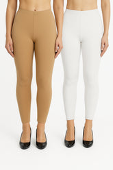 Shsuvia Women Cropped Leggings – Pack of 2 Biscuit & White