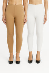 Shsuvia Women Cropped Leggings – Pack of 2 Biscuit & White