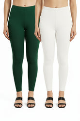 Shsuvia Women Cropped Leggings – Pack of 2 Bottle Green & White