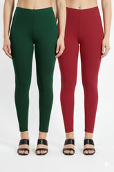Shsuvia Women Cropped Leggings – Pack of 2 Bottle Green & RED