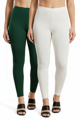 Shsuvia Women Cropped Leggings – Pack of 2 Bottle Green & Off White