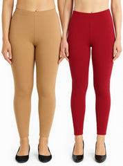 Shsuvia Women Cropped Leggings – Pack of 2 Biscuit & RED
