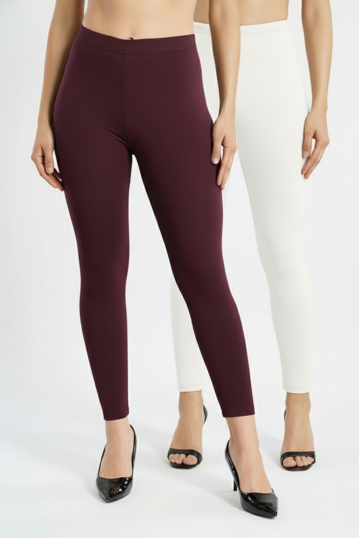 Shsuvia Women Cropped Leggings – Pack of 2 Wine & White