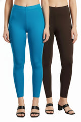 Shsuvia Women Cropped Leggings – Pack of 2 Turquoise blue & Coffee Brown