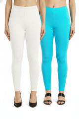 Shsuvia Women Cropped Leggings – Pack of 2 White & Sky Blue