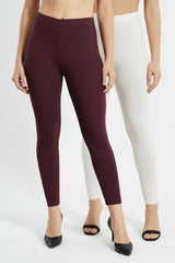 Shsuvia Women Cropped Leggings – Pack of 2 Wine & Off White