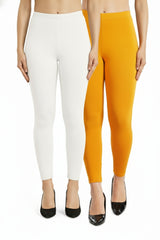 Shsuvia Women Cropped Leggings – Pack of 2 White & Mustard