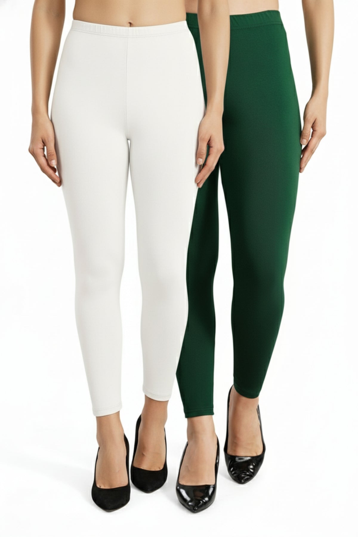 Shsuvia Women Cropped Leggings – Pack of 2 White & Bottle Green
