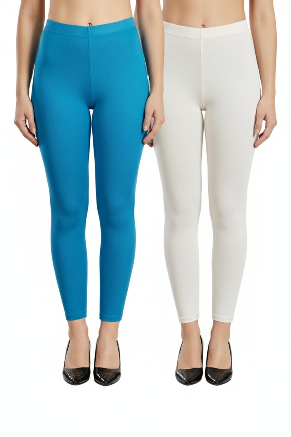 Shsuvia Women Cropped Leggings – Pack of 2 Turquoise blue & Off White