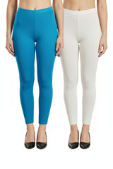 Shsuvia Women Cropped Leggings – Pack of 2 Turquoise blue & Off White