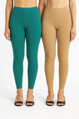 Shsuvia Women Cropped Leggings – Pack of 2 Rama Green & Biscuit
