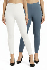 Shsuvia Women Cropped Leggings – Pack of 2 White & Airforce Green