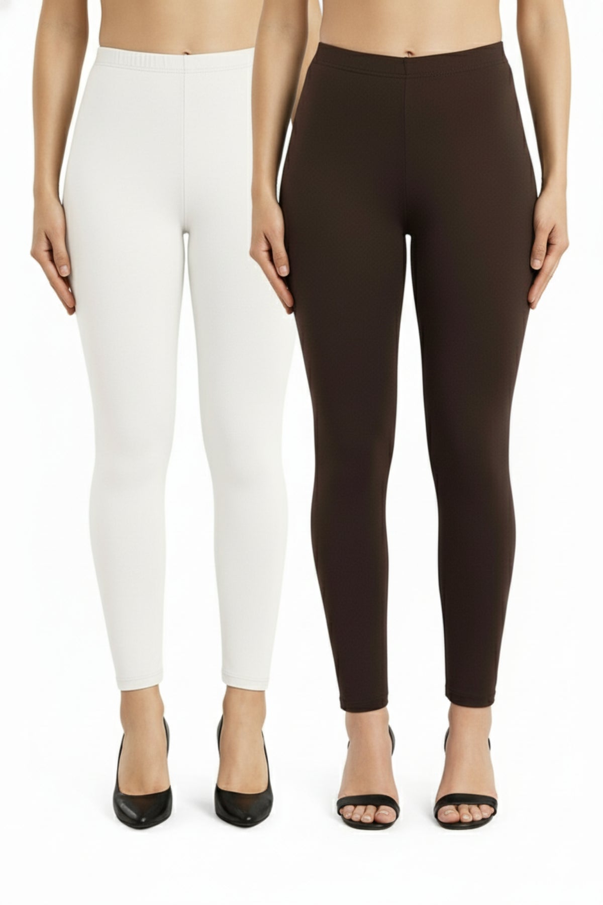 Shsuvia Women Cropped Leggings – Pack of 2 White & Coffee Brown