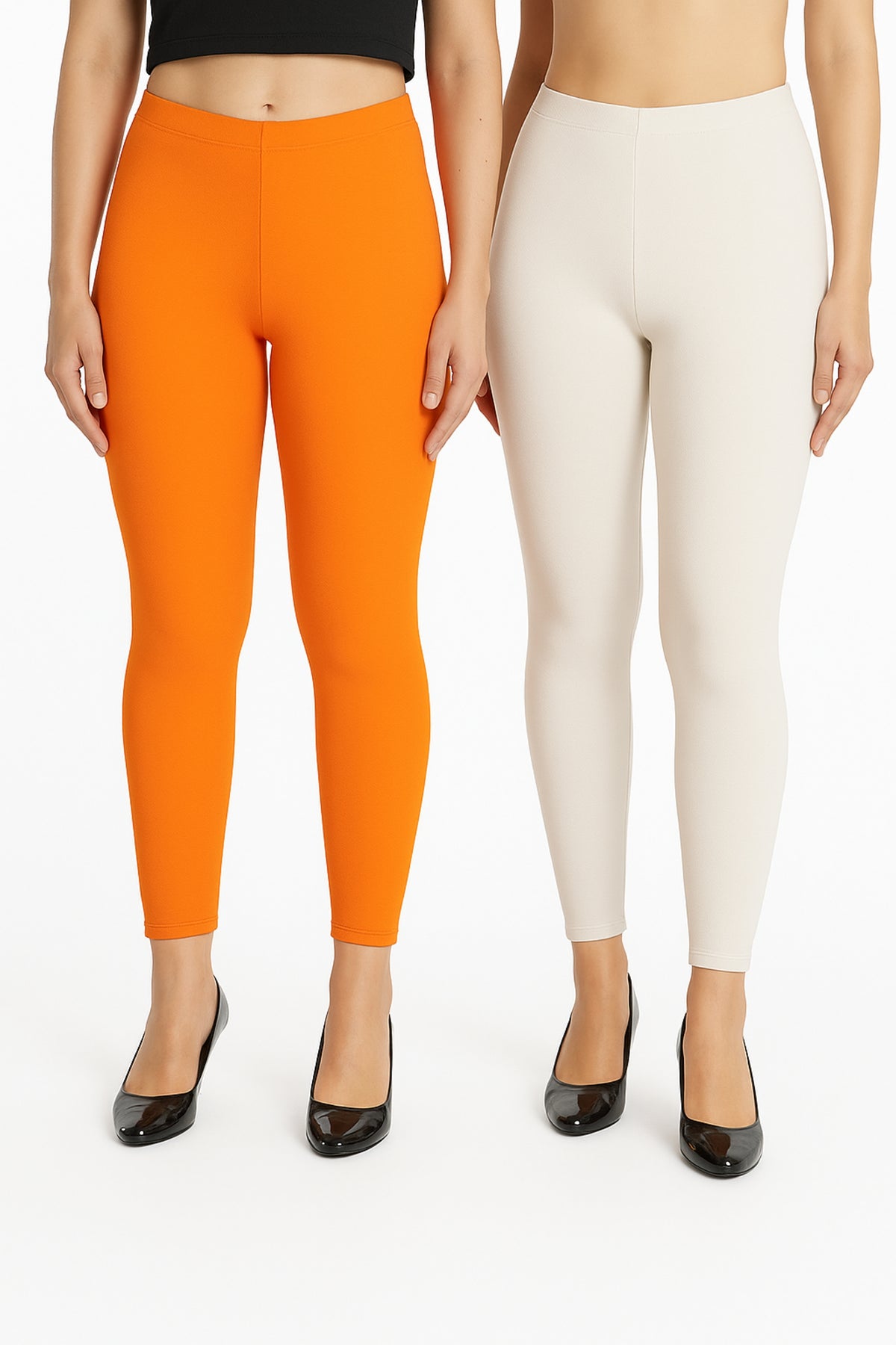 Shsuvia Women Cropped Leggings – Pack of 2 Light Orange & Off White