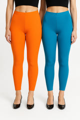 Shsuvia Women Cropped Leggings – Pack of 2 Light Orange & Turquoise blue