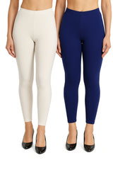 Shsuvia Women Cropped Leggings – Pack of 2 Off White & Old Royal