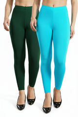 Shsuvia Women Cropped Leggings – Pack of 2 Bottle Green & Sky Blue