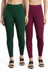 Shsuvia Women Cropped Leggings – Pack of 2 Bottle Green & Majentha