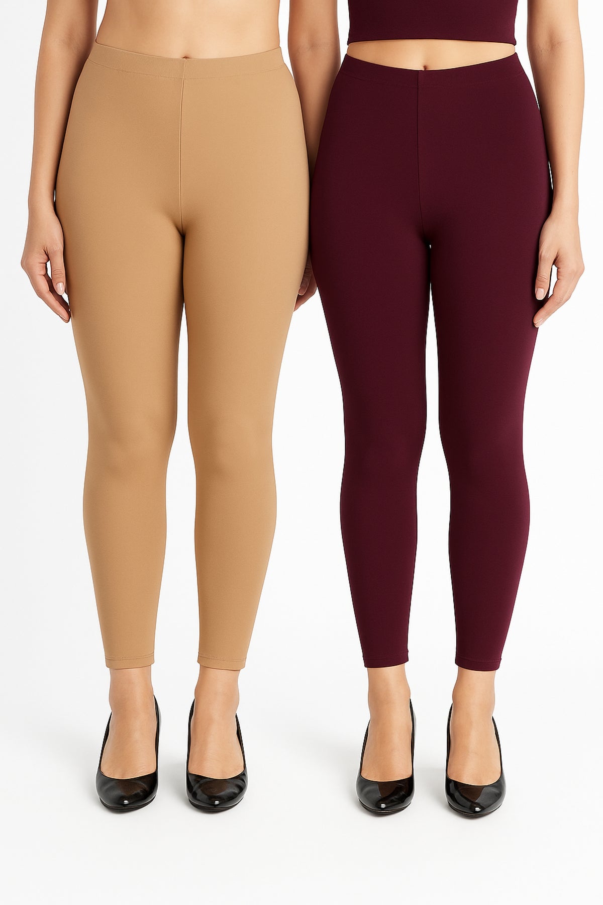 Shsuvia Women Cropped Leggings – Pack of 2 Biscuit & Wine