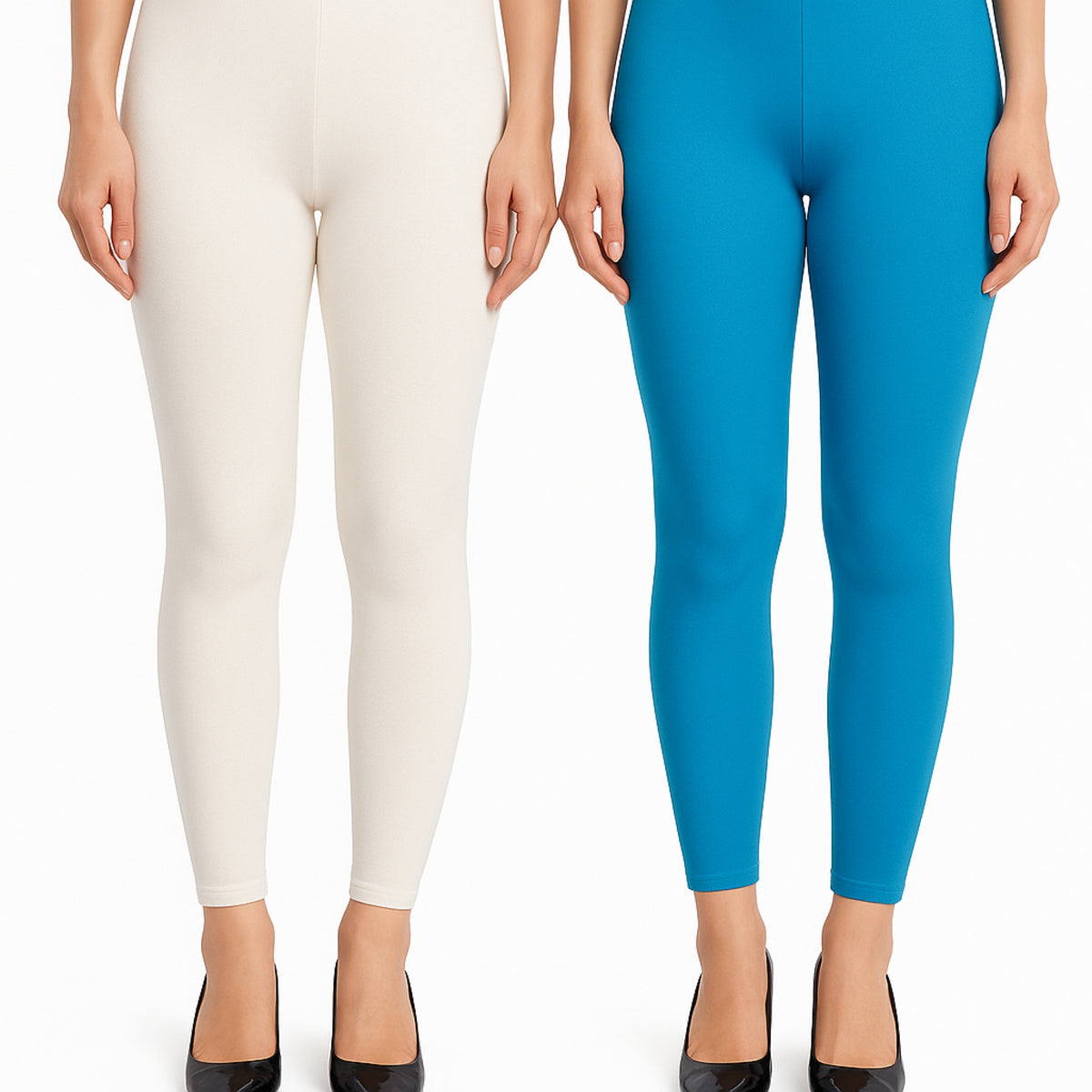 Shsuvia Women Cropped Leggings – Pack of 2 Off White & Turquoise blue
