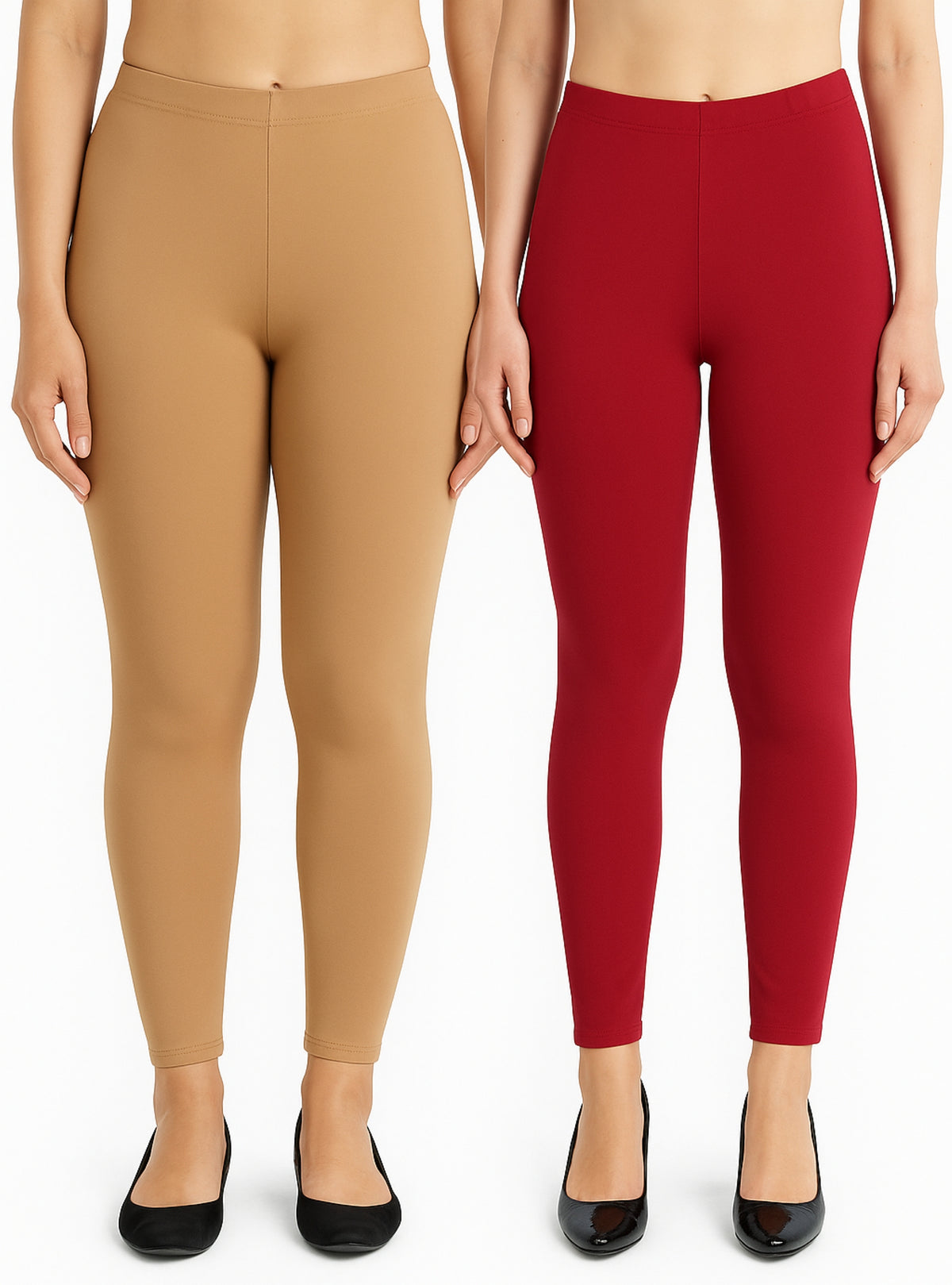 Shsuvia Women Cropped Leggings – Pack of 2 Biscuit & RED